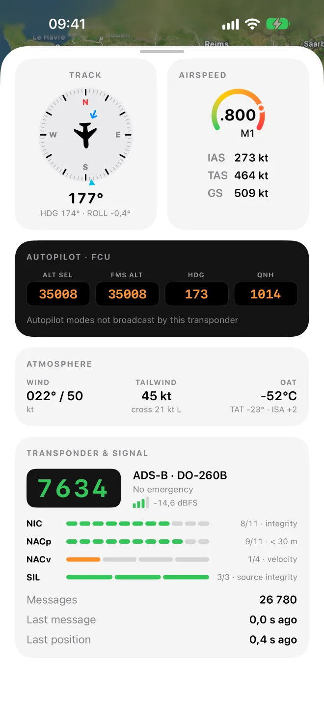AeroCheck instruments: compass rose with track and heading, airspeed gauge at Mach 0.80, autopilot panel with selected altitude 35008 and QNH 1014, wind 022/50, and transponder integrity bars.