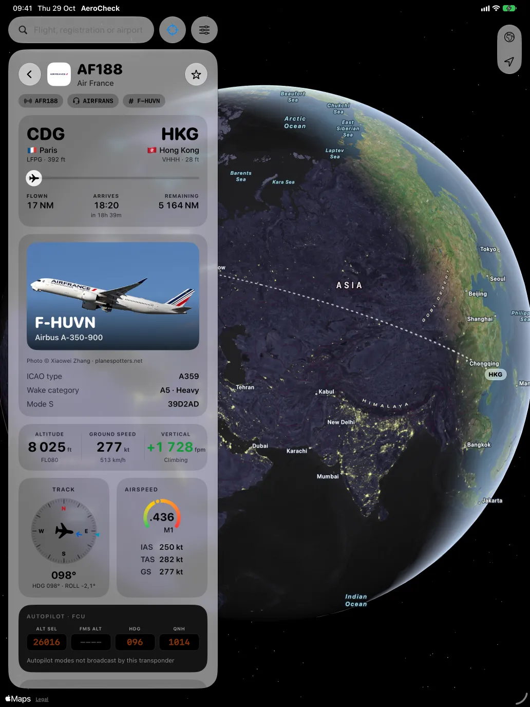AeroCheck on iPad following Air France AF 188 from Paris to Hong Kong on a 3D globe, with the flight card, aircraft photo and instruments in a side panel.